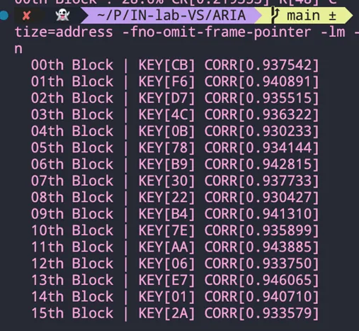 Recovered ARIA ek1 bytes