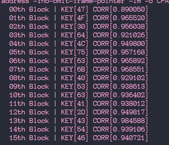Recovered AES-128 key bytes